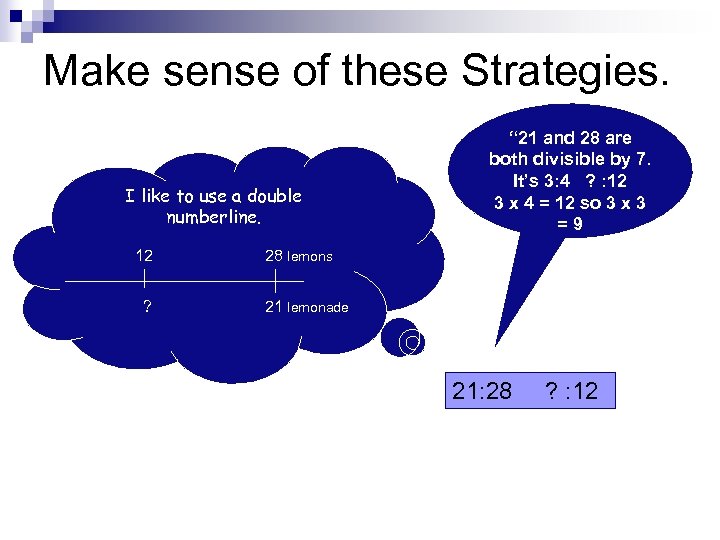 Make sense of these Strategies. I like to use a double numberline. 12 ?