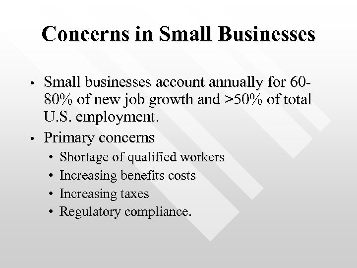 Concerns in Small Businesses • • Small businesses account annually for 6080% of new