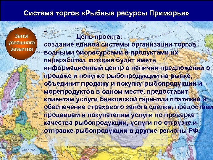 Система торгов «Рыбные ресурсы Приморья» Wt Залог успешного развития Цель проекта: создание единой системы