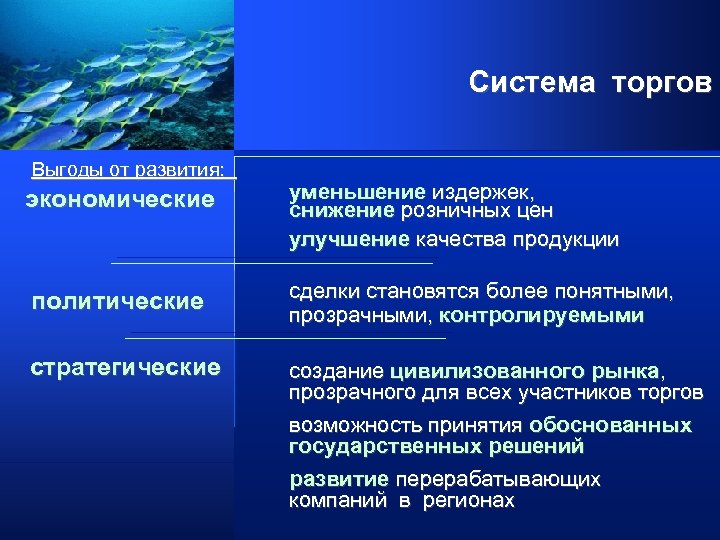 Система торгов Выгоды от развития: экономические уменьшение издержек, снижение розничных цен улучшение качества продукции