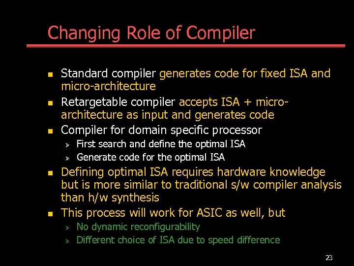 Changing Role of Compiler n n n Standard compiler generates code for fixed ISA