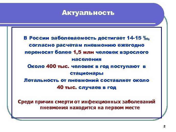 Актуальность В России заболеваемость достигает 14 -15 ‰, согласно расчетам пневмонию ежегодно переносят более