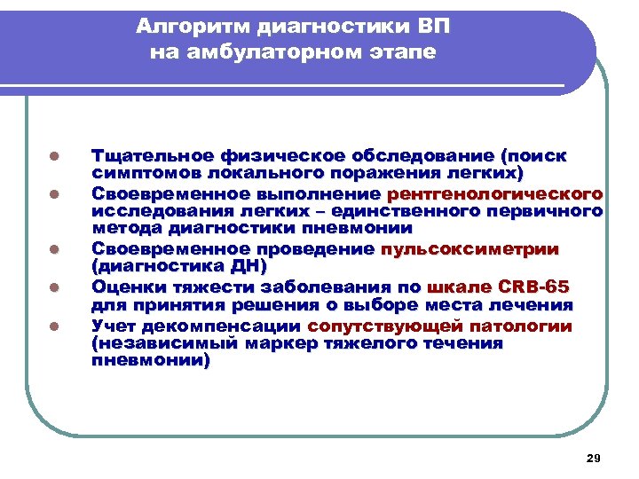 Алгоритм диагностики ВП на амбулаторном этапе l l l Тщательное физическое обследование (поиск симптомов