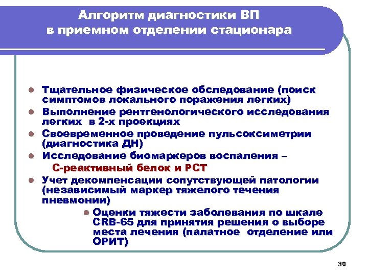 Алгоритм диагностики ВП в приемном отделении стационара l l l Тщательное физическое обследование (поиск