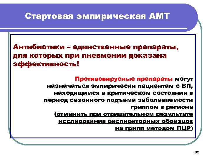 Стартовая эмпирическая АМТ Антибиотики – единственные препараты, для которых при пневмонии доказана эффективность! Противовирусные