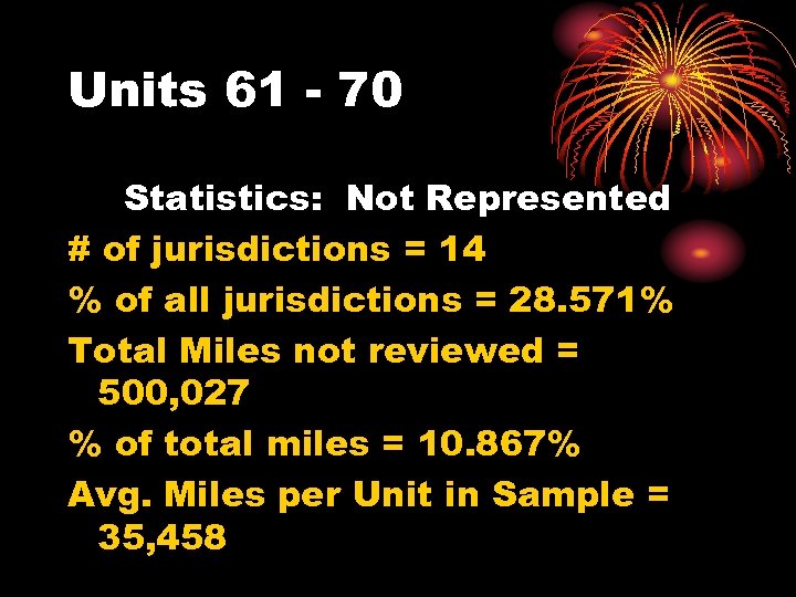 Units 61 - 70 Statistics: Not Represented # of jurisdictions = 14 % of