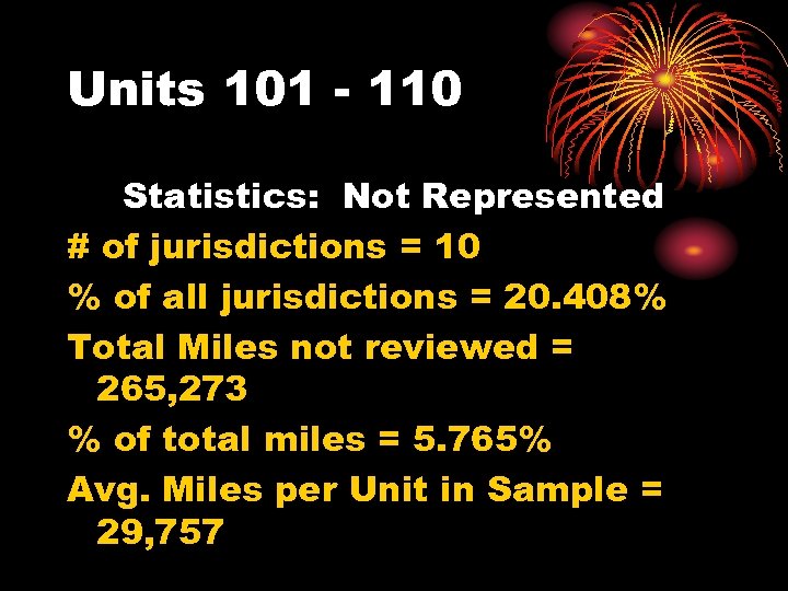 Units 101 - 110 Statistics: Not Represented # of jurisdictions = 10 % of