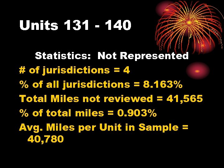 Units 131 - 140 Statistics: Not Represented # of jurisdictions = 4 % of