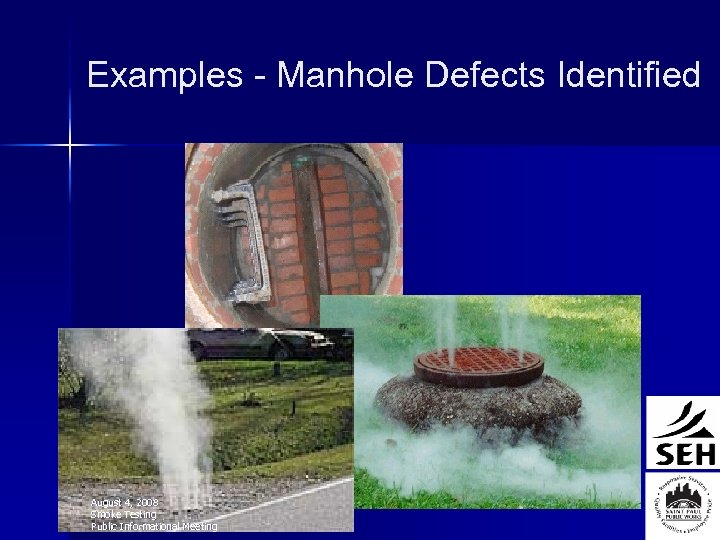 Examples - Manhole Defects Identified August 4, 2008 Smoke Testing Public Informational Meeting 