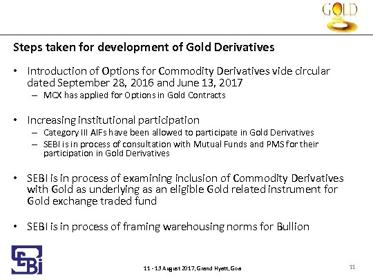Steps taken for development of Gold Derivatives • Introduction of Options for Commodity Derivatives