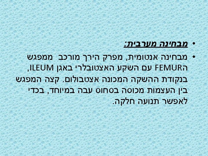  • מבחינה מערבית: • מבחינה אנטומית, מפרק הירך מורכב ממפגש ה FEMUR עם