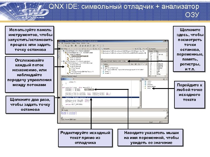 QNX IDE: символьный отладчик + анализатор ОЗУ Используйте панель инструментов, чтобы запустить/остановить процесс или