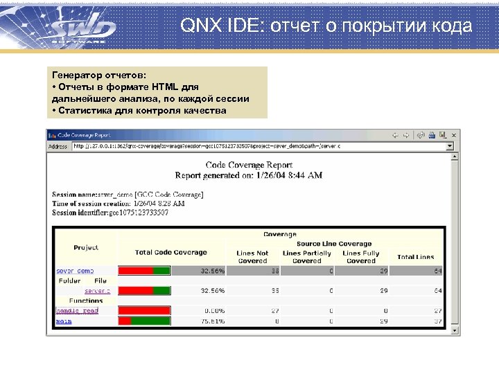 QNX IDE: отчет о покрытии кода Генератор отчетов: • Отчеты в формате HTML для
