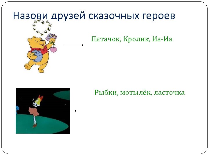 Назови друзей сказочных героев Пятачок, Кролик, Иа-Иа Рыбки, мотылёк, ласточка 