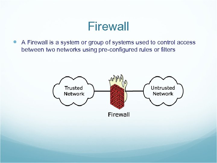 Firewall A Firewall is a system or group of systems used to control access