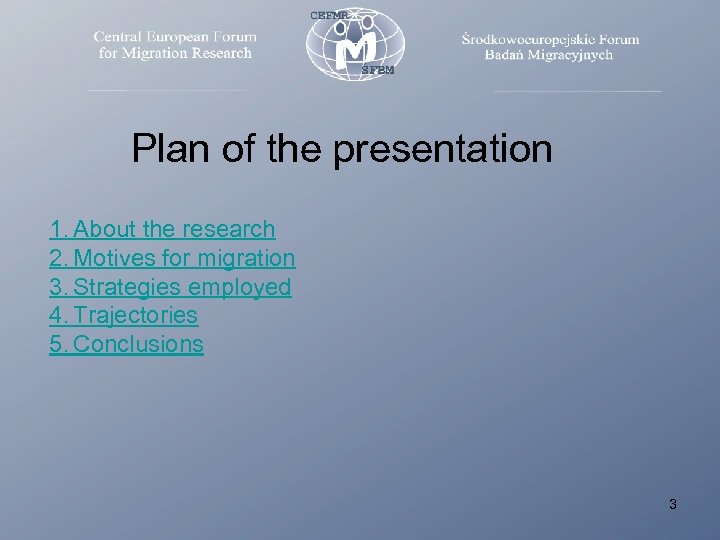 Plan of the presentation 1. About the research 2. Motives for migration 3. Strategies