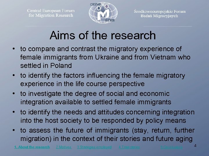Aims of the research • to compare and contrast the migratory experience of female