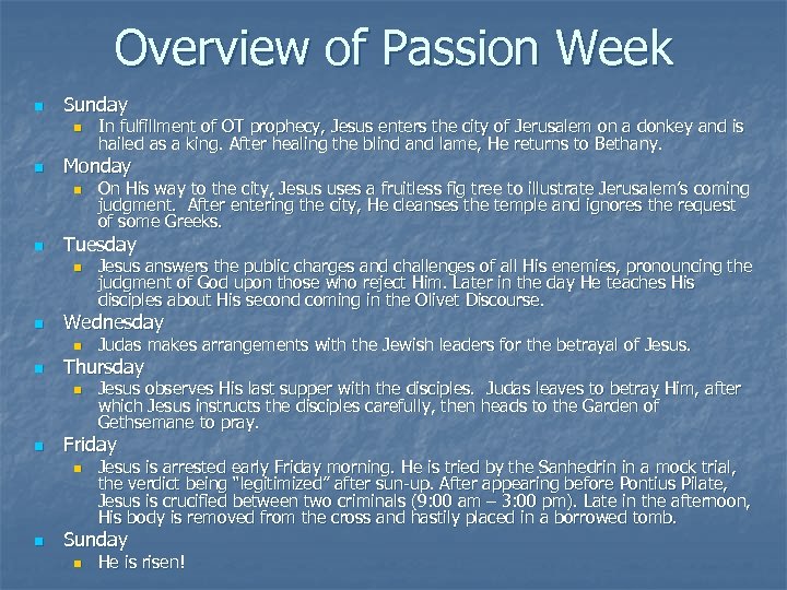Overview of Passion Week n Sunday n n Monday n n Jesus observes His