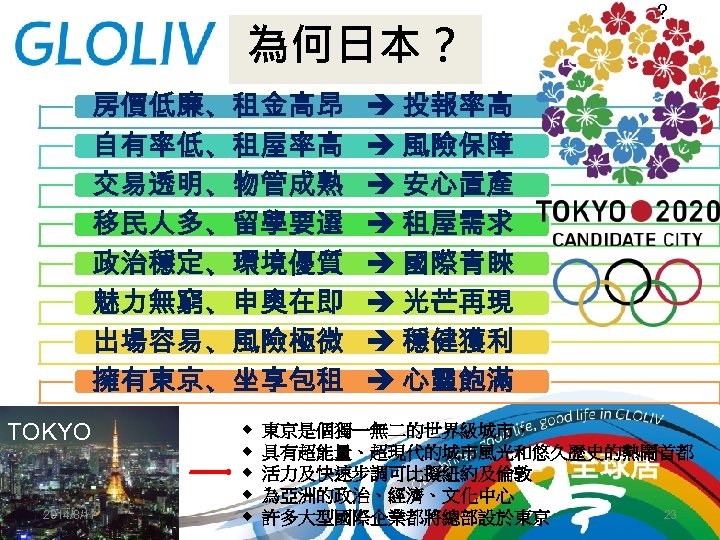 為何日本？ 房價低廉、租金高昂 自有率低、租屋率高 交易透明、物管成熟 移民人多、留學要選 政治穩定、環境優質 魅力無窮、申奧在即 出場容易、風險極微 擁有東京、坐享包租 TOKYO 2014/8/17 ◆ ◆ ◆