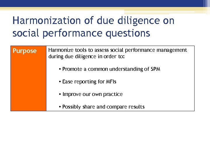 Harmonization of due diligence on social performance questions Purpose Harmonize tools to assess social