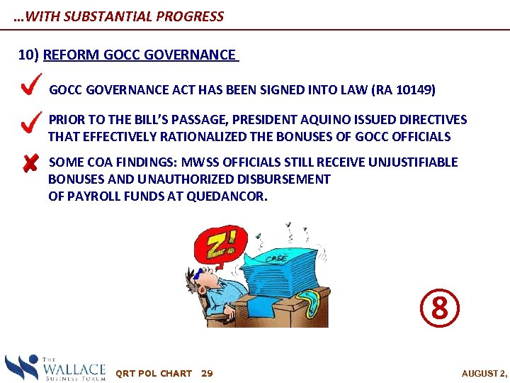 …WITH SUBSTANTIAL PROGRESS 10) REFORM GOCC GOVERNANCE ―GOCC GOVERNANCE ACT HAS BEEN SIGNED INTO