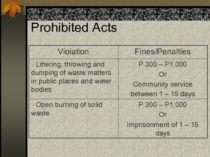 Prohibited Acts Violation ØLittering, throwing and dumping of waste matters in public places and