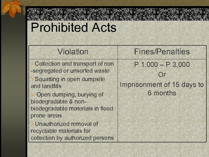 Prohibited Acts Violation Fines/Penalties ØCollection and transport of non P 1, 000 – P