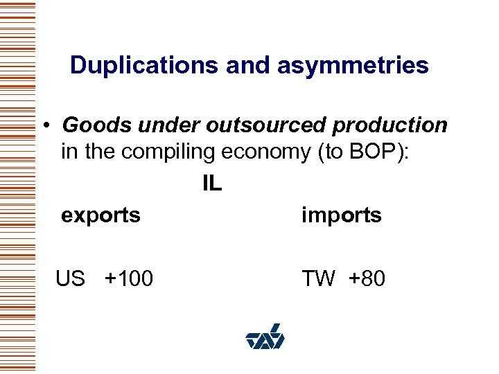 Duplications and asymmetries • Goods under outsourced production in the compiling economy (to BOP):