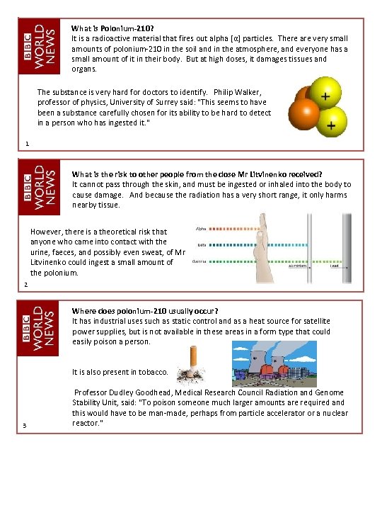 What is Polonium-210? It is a radioactive material that fires out alpha [α] particles.