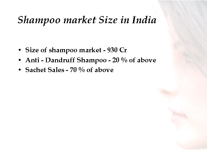 Shampoo market Size in India • Size of shampoo market - 930 Cr •