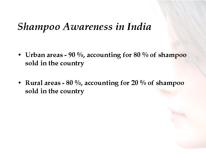 Shampoo Awareness in India • Urban areas - 90 %, accounting for 80 %