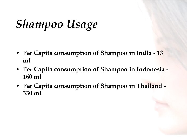 Shampoo Usage • Per Capita consumption of Shampoo in India - 13 ml •