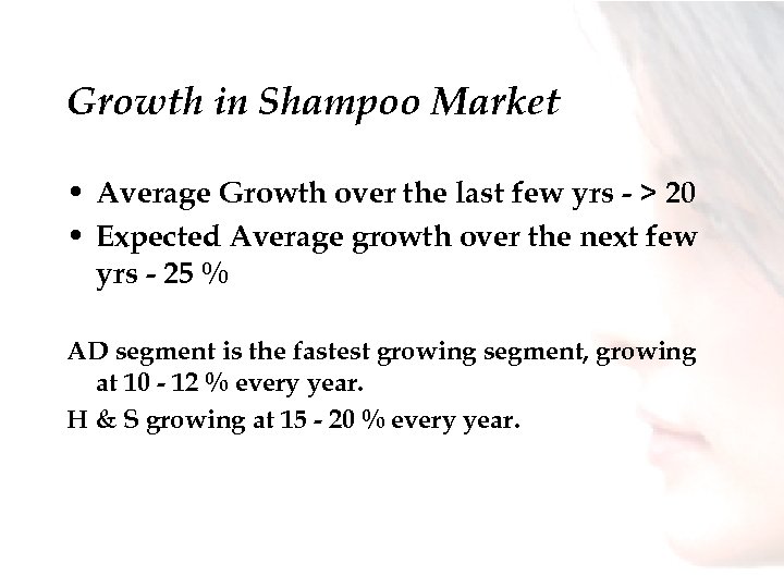 Growth in Shampoo Market • Average Growth over the last few yrs - >