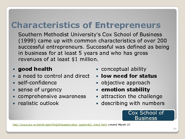 Characteristics of Entrepreneurs Southern Methodist University’s Cox School of Business (1999) came up with