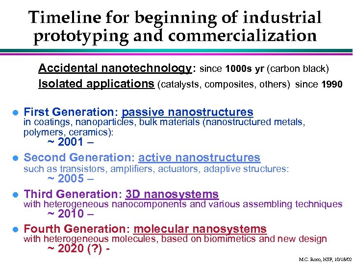 Timeline for beginning of industrial prototyping and commercialization Accidental nanotechnology: since 1000 s yr