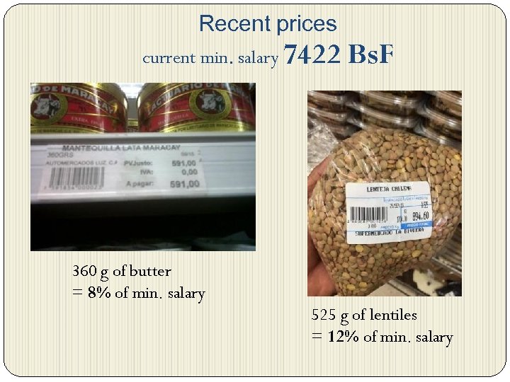 Recent prices current min. salary 7422 Bs. F 360 g of butter = 8%