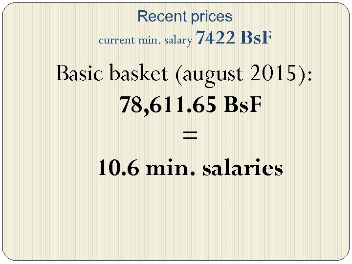 Recent prices current min. salary 7422 Bs. F Basic basket (august 2015): 78, 611.