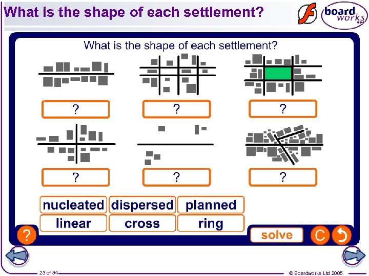 What is the shape of each settlement? 23 of 34 © Boardworks Ltd 2005