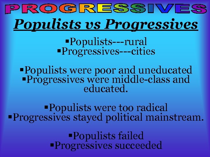Populists vs Progressives §Populists---rural §Progressives---cities §Populists were poor and uneducated §Progressives were middle-class and