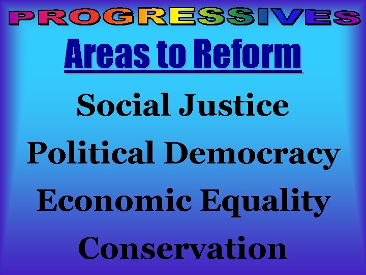Areas to Reform Social Justice Political Democracy Economic Equality Conservation 