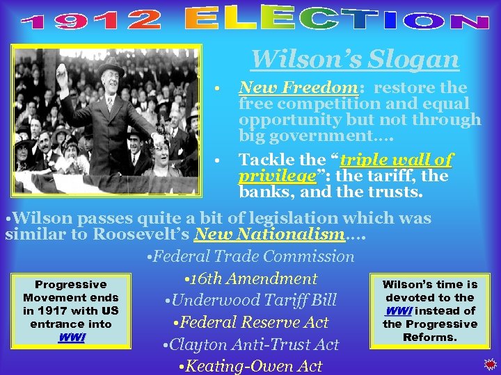 Wilson’s Slogan • • New Freedom: restore the Freedom free competition and equal opportunity