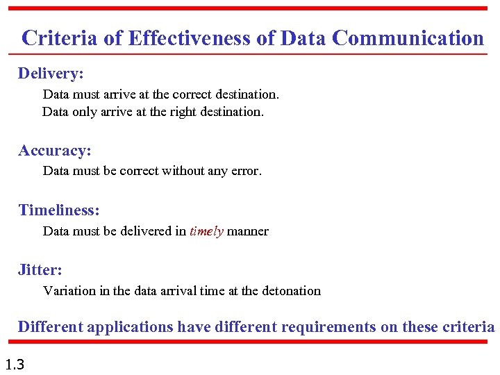 Criteria of Effectiveness of Data Communication Delivery: Data must arrive at the correct destination.