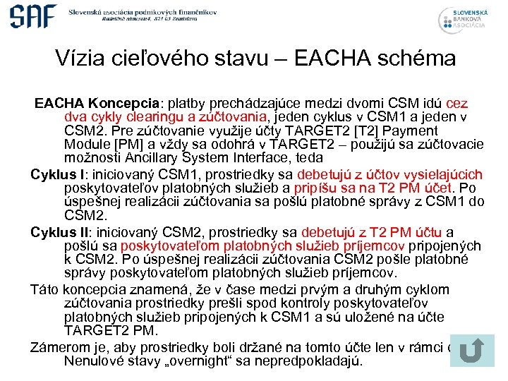 Vízia cieľového stavu – EACHA schéma EACHA Koncepcia: platby prechádzajúce medzi dvomi CSM idú