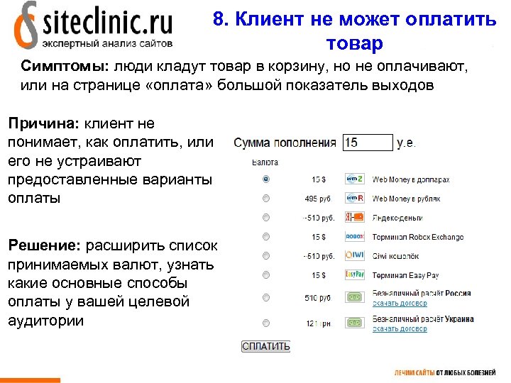 8. Клиент не может оплатить товар Симптомы: люди кладут товар в корзину, но не