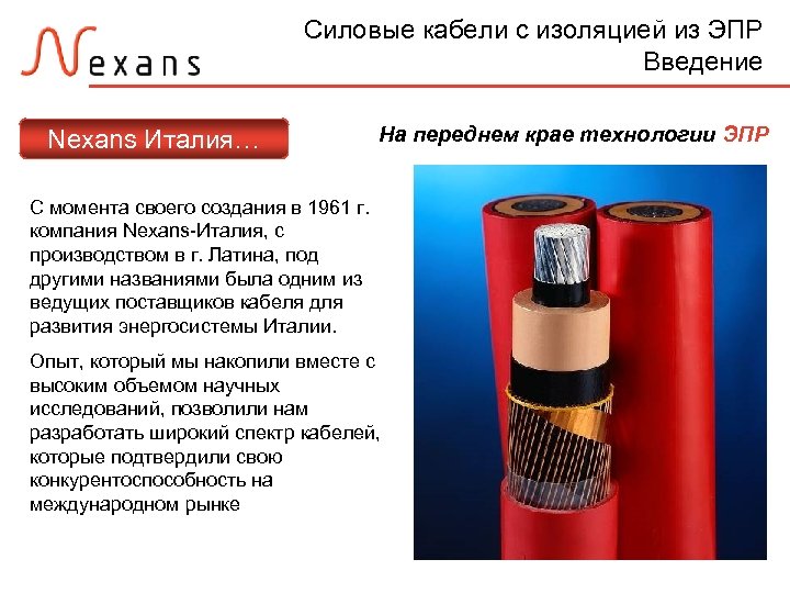 Силовые кабели с изоляцией из ЭПР Введение Nexans Италия… На переднем крае технологии ЭПР