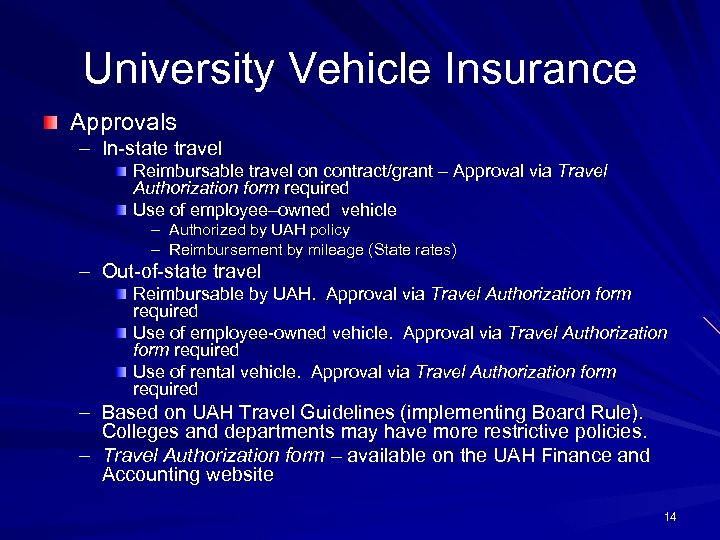 University Vehicle Insurance Approvals – In-state travel Reimbursable travel on contract/grant – Approval via