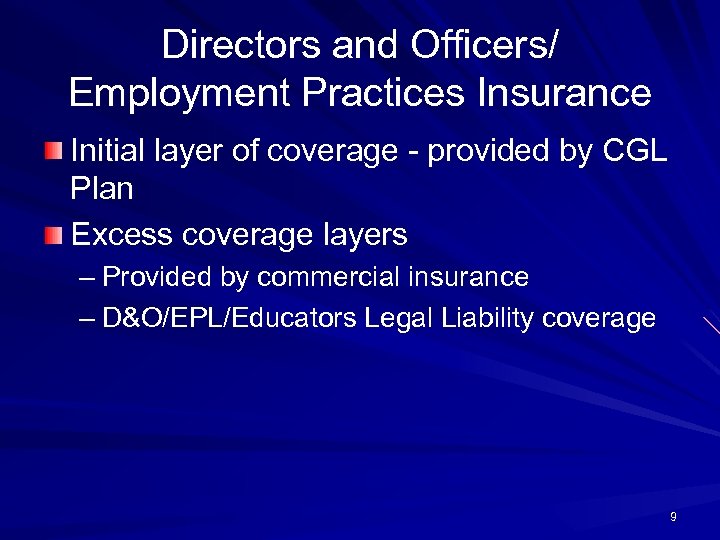 Directors and Officers/ Employment Practices Insurance Initial layer of coverage - provided by CGL