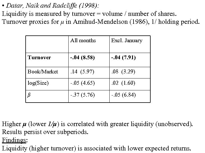  • Datar, Naik and Radcliffe (1998): Liquidity is measured by turnover = volume