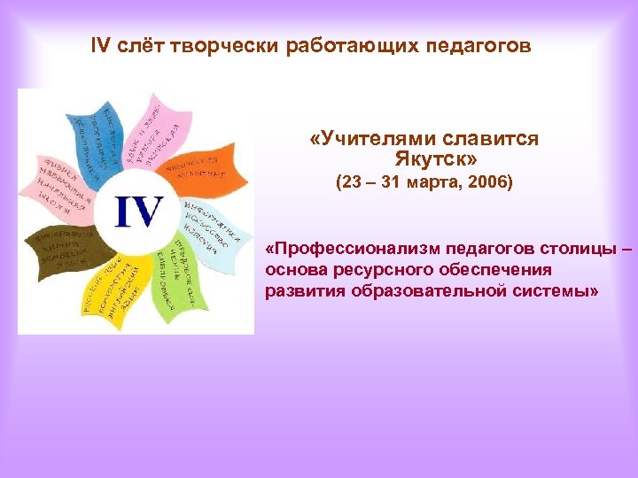 IV слёт творчески работающих педагогов «Учителями славится Якутск» (23 – 31 марта, 2006) «Профессионализм