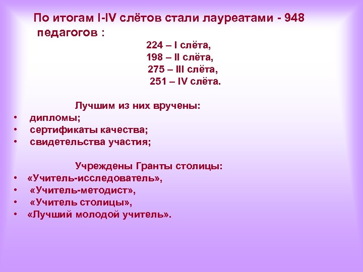 По итогам I-IV слётов стали лауреатами - 948 педагогов : 224 – I слёта,